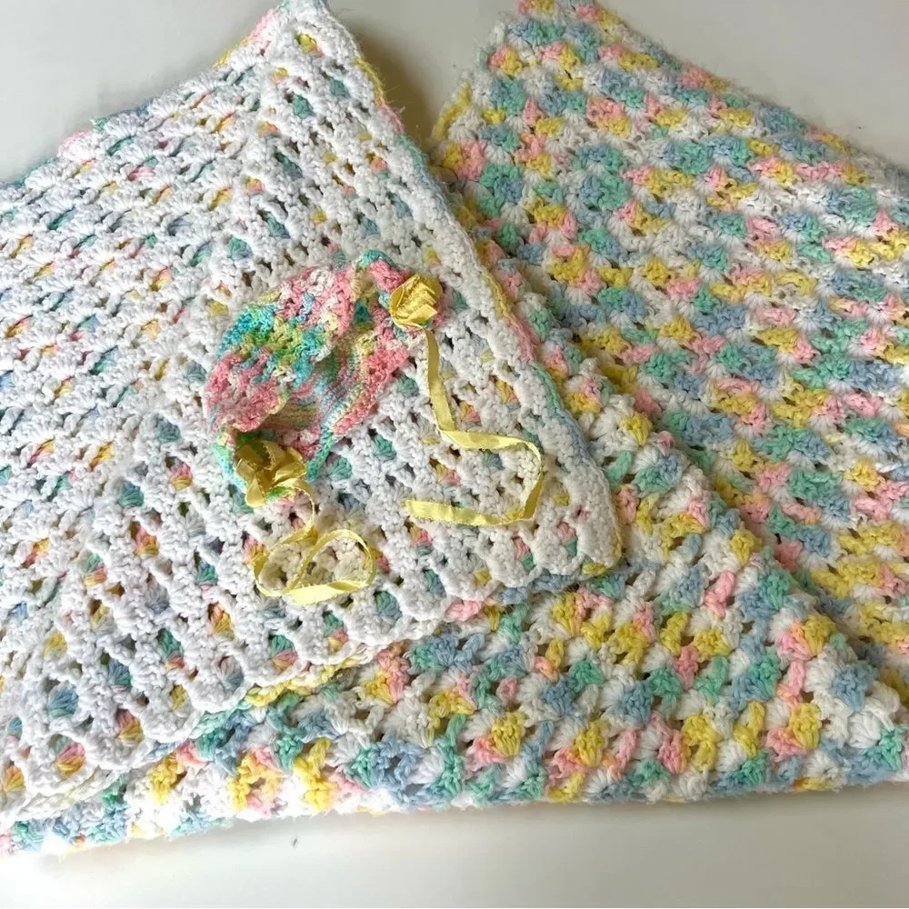 Vintage Handmade 1960s 1970s Rainbow Pastel Crochet Knit Baby Blanket & Bonnet